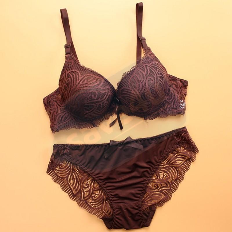 Women Full Lace Decorated Bra Set and Panties