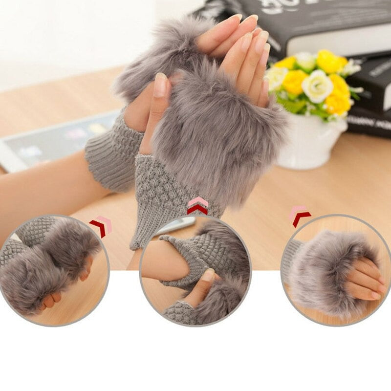 PACK OF 2 Women Gloves Stylish Hand Warmer Winter Half Finger Mittens Ladies Rabbit fur Wool Embroidery Knitted Wrist Warm Mittens Hot Sale