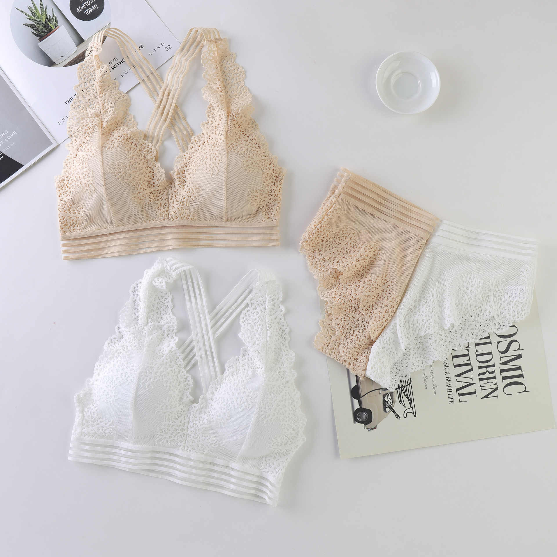 Transparent lace bra  lingerie set deep v bralette low waist padded panties feminine intimate underwear set